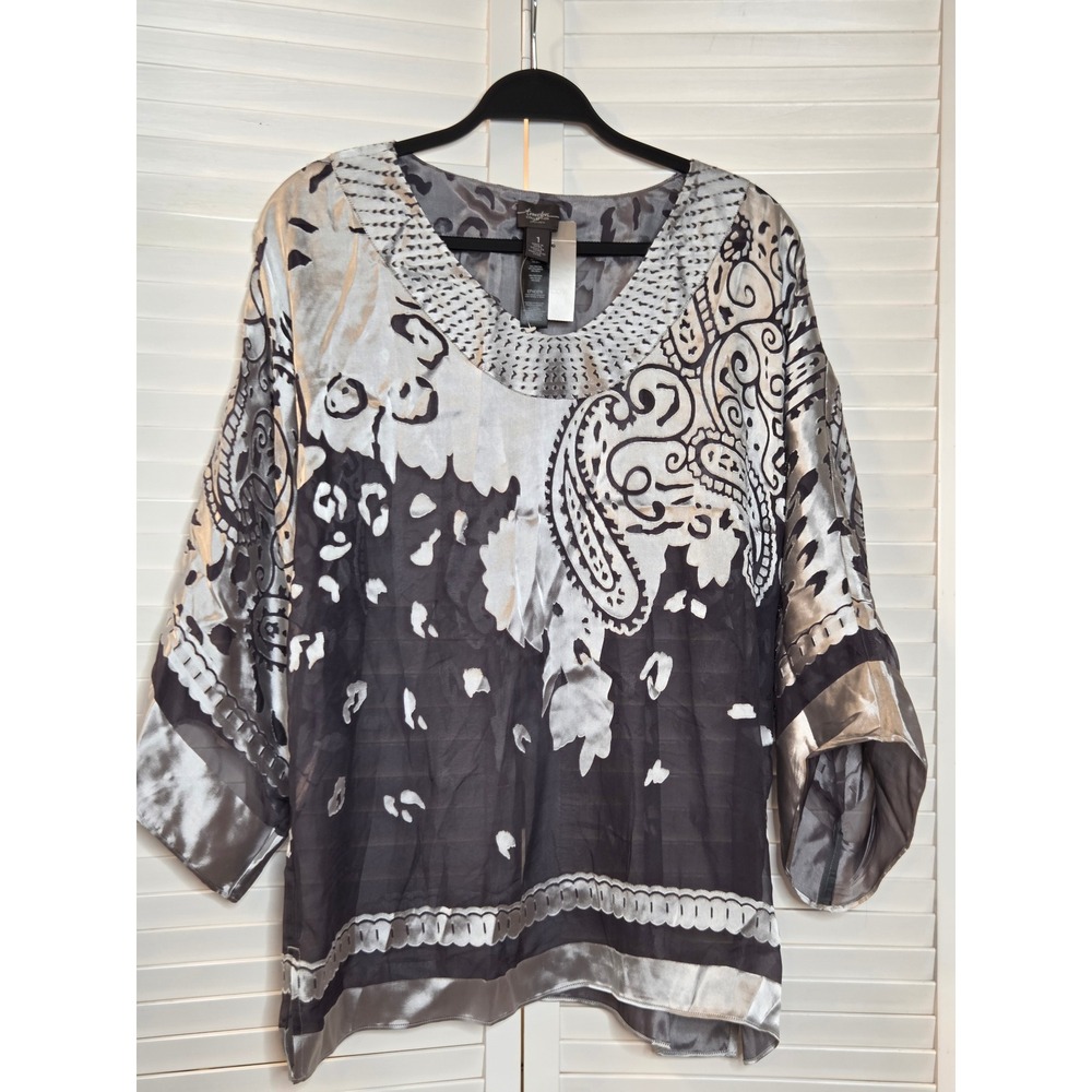 Chico's Travelers Collection Tunic Size 1 M Silver Black Paisley Silk Blend Top